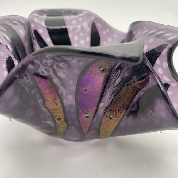 Art Glass Iridescent Dichroic Purple Folded HANDKERCHIEF Vase Bowl Studio Beaded - Picture 2 of 12